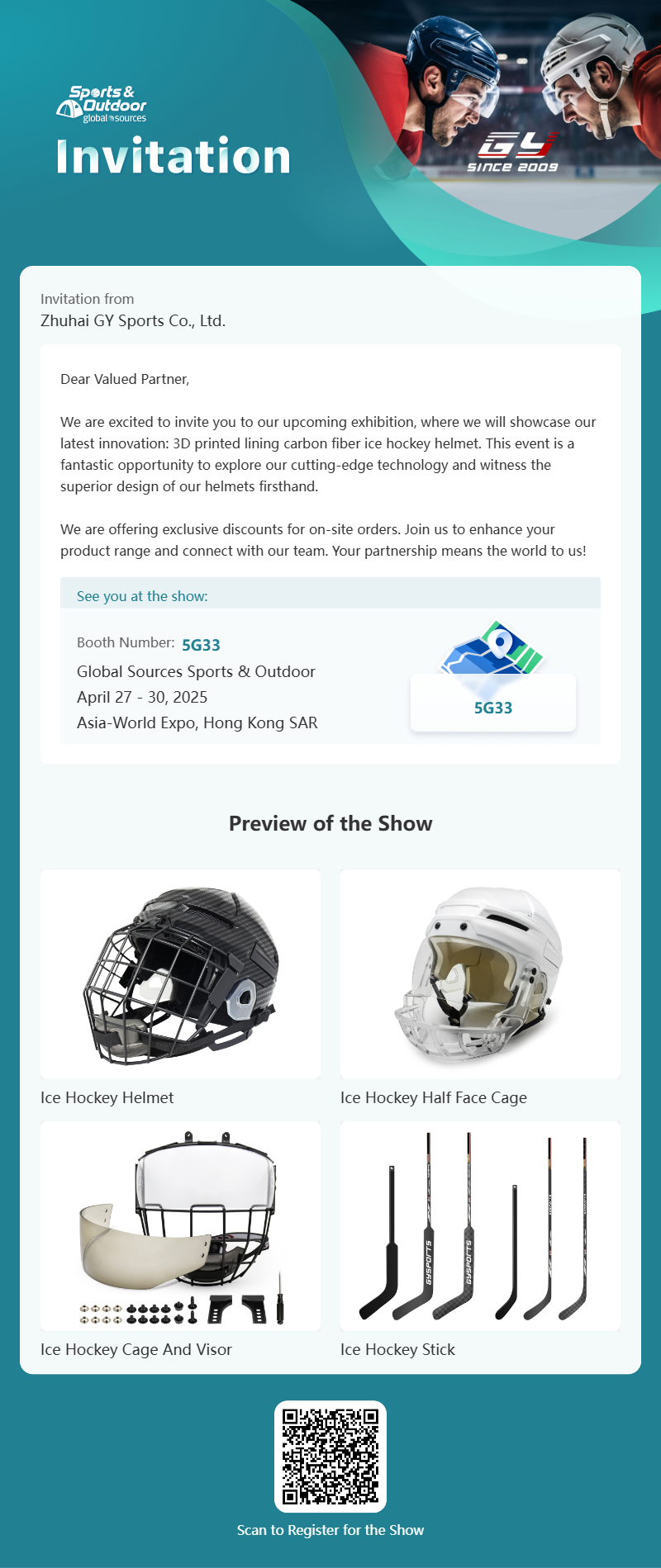 GY Global Sources Sports & Outdoor, 27.–30.2025 april, Asia-World Expo, Hong Kong SAR, standnummer. 5G33